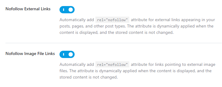 Nofollow External Links and Nofollow Image File Links in RankMath SEO.