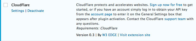 Activate Cloudflare in W3 Total Cache Extensions tab