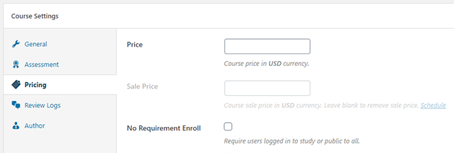 LearnPress course pricing settings