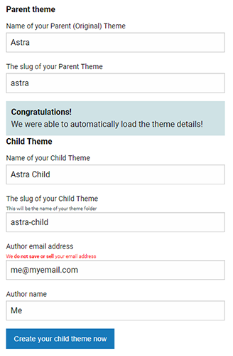 Child theme attributes in the online child theme generator