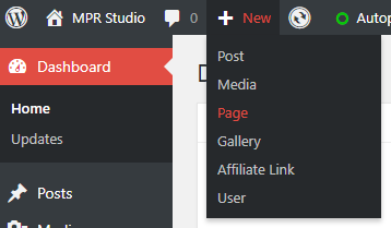 Creating a new page in WordPress dashboard