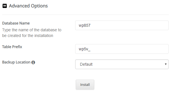 MySQL database options Softaculous WordPress installer
