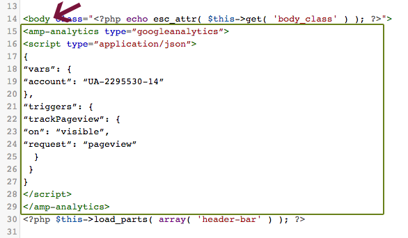 AMP analytics code added after opening body tag in single.php template.