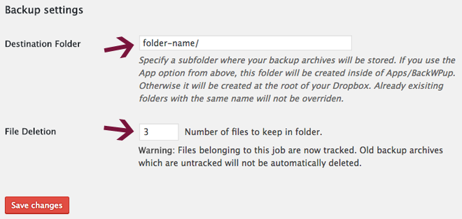 Dropbox backup settings in BackWPup