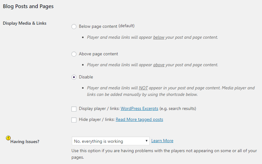 Blog post and page settings in PowerPress plugin.