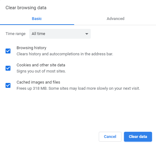 Clear data in Google Chrome browser