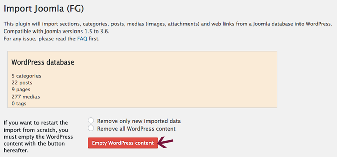 Empty WordPress content in Joomla importer.
