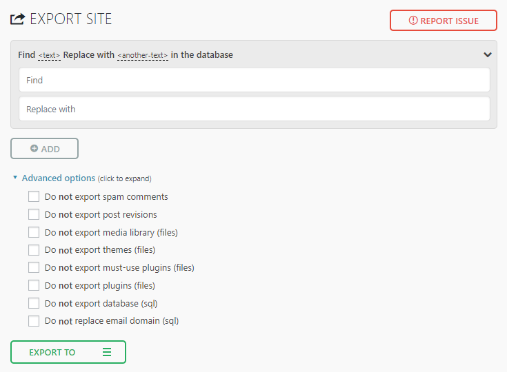 Export screen in All-In-One WP Migration plugin.