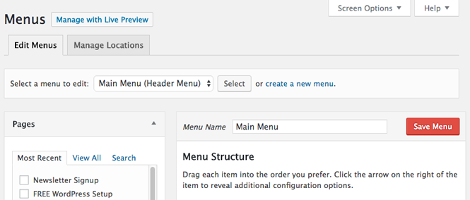 Creating a menu in WordPress.