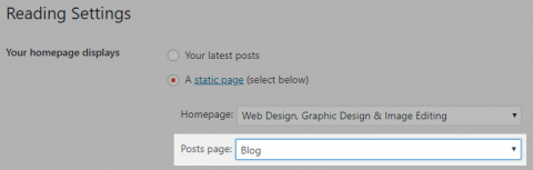Posts page in WordPress reading settings