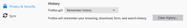 Privacy & Security, History in Firefox browser.