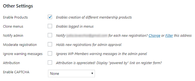 Other settings in WP-Members