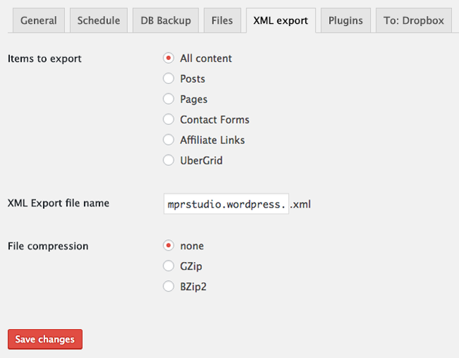 XML export tab in BackWPup.